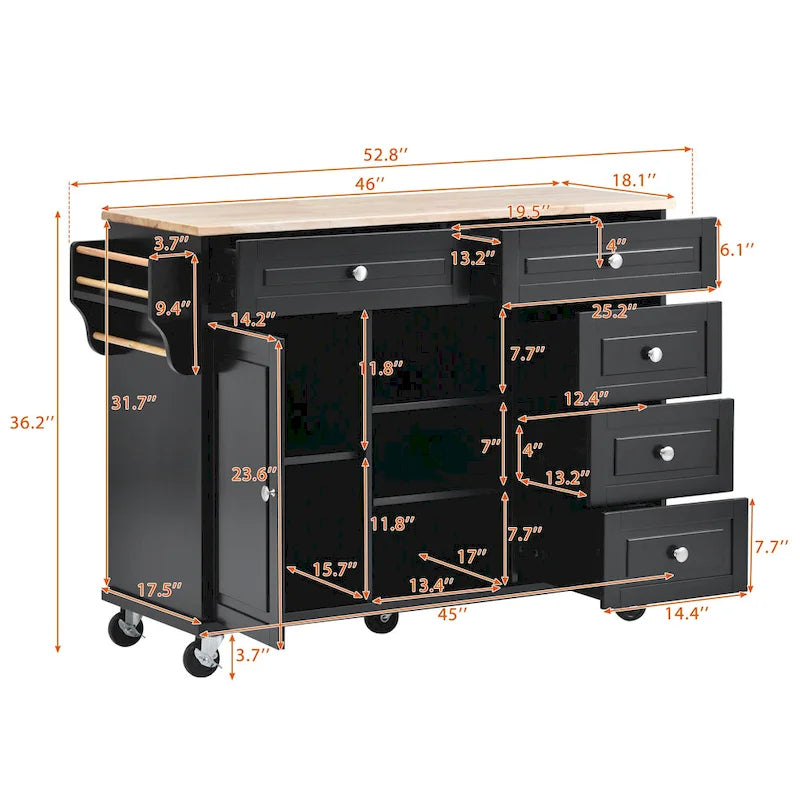 Desserte de cuisine avec plateau en bois d'hévéa – Îlot de cuisine mobile roulant avec rangement et 5 tiroirs, longueur 135 cm