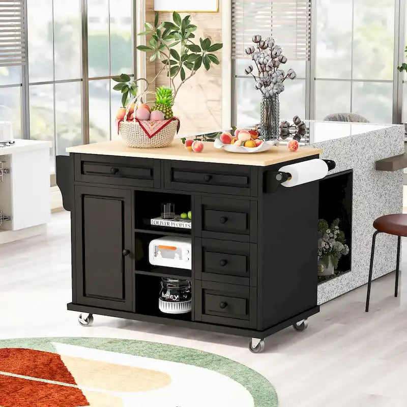 Desserte de cuisine avec plateau en bois d'hévéa – Îlot de cuisine mobile roulant avec rangement et 5 tiroirs, longueur 135 cm