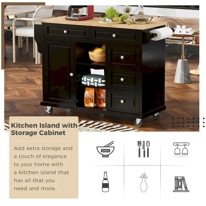 Desserte de cuisine avec plateau en bois d'hévéa – Îlot de cuisine mobile roulant avec rangement et 5 tiroirs, longueur 135 cm