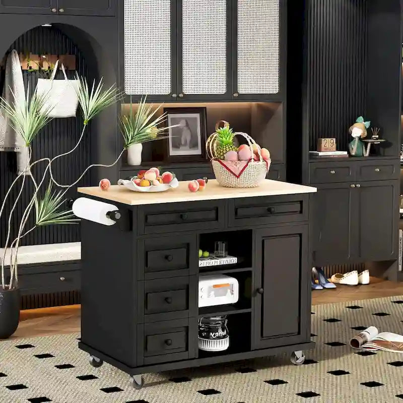Desserte de cuisine avec plateau en bois d'hévéa – Îlot de cuisine mobile roulant avec rangement et 5 tiroirs, longueur 135 cm