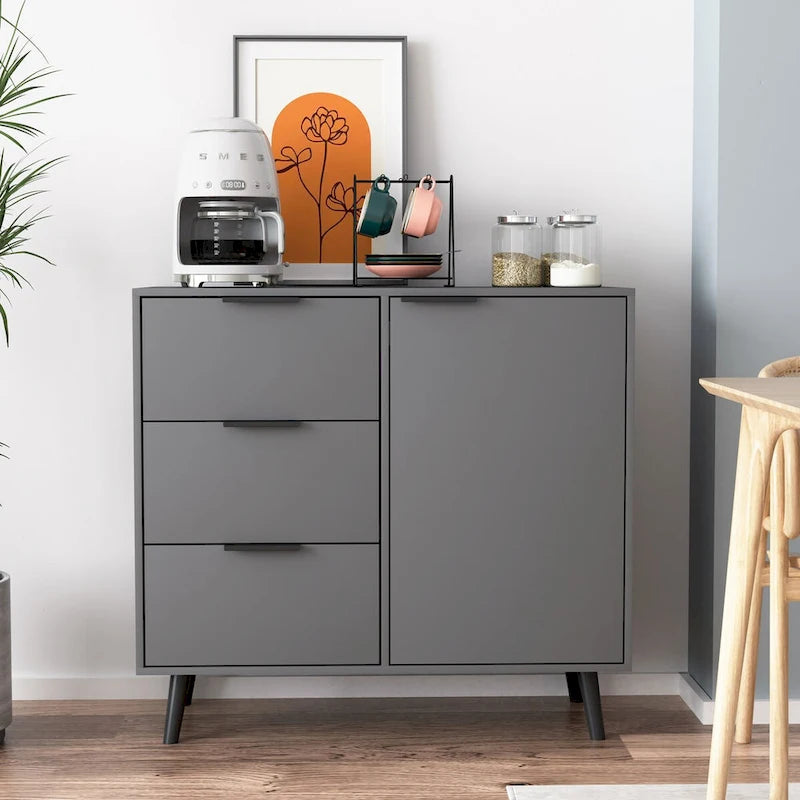 Meuble de rangement avec 3 tiroirs et une étagère réglable, buffet style Mid-Century avec porte, meuble d'appoint pour salon, bureau à domicile