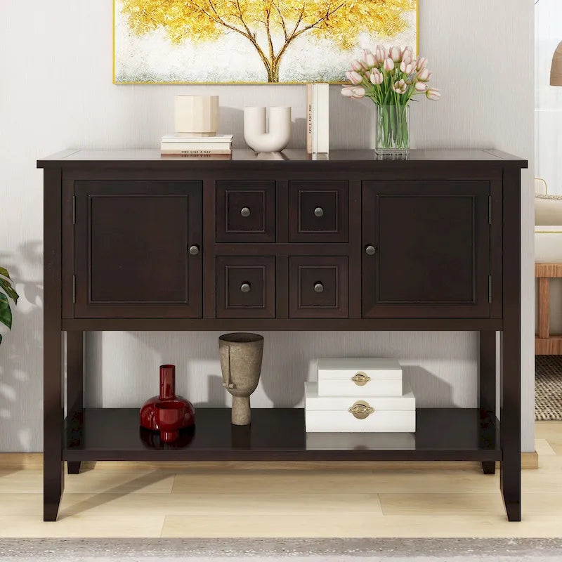 Table console vintage avec grand espace de rangement, quatre petits tiroirs et étagère inférieure pour salons, entrées et cuisines