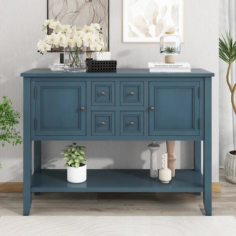 Table console vintage avec grand espace de rangement, quatre petits tiroirs et étagère inférieure pour salons, entrées et cuisines
