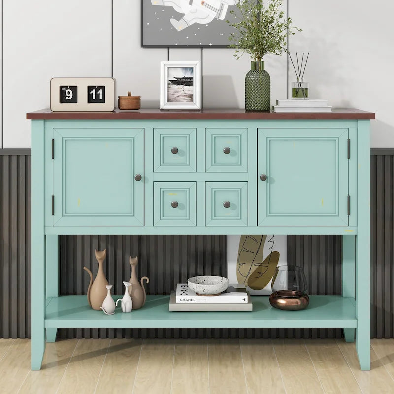 Table console vintage avec grand espace de rangement, quatre petits tiroirs et étagère inférieure pour salons, entrées et cuisines