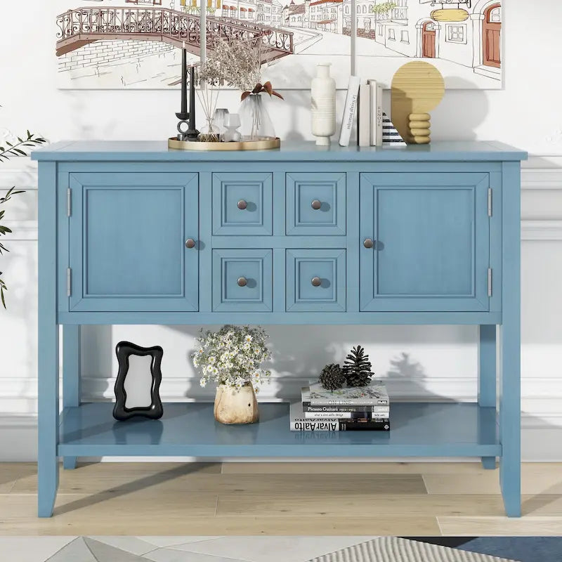 Table console vintage avec grand espace de rangement, quatre petits tiroirs et étagère inférieure pour salons, entrées et cuisines