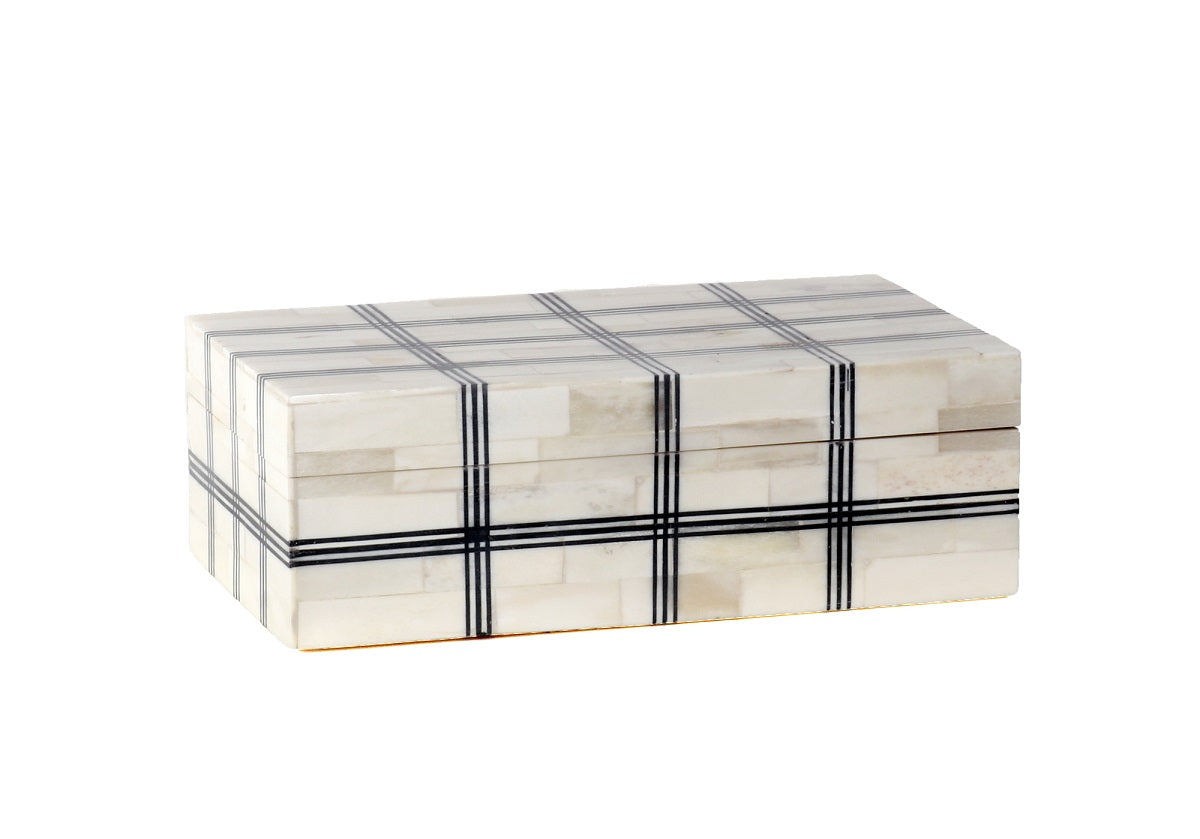 Boîte décorative à carreaux noir et blanc avec motif à rayures audacieuses pour étagères