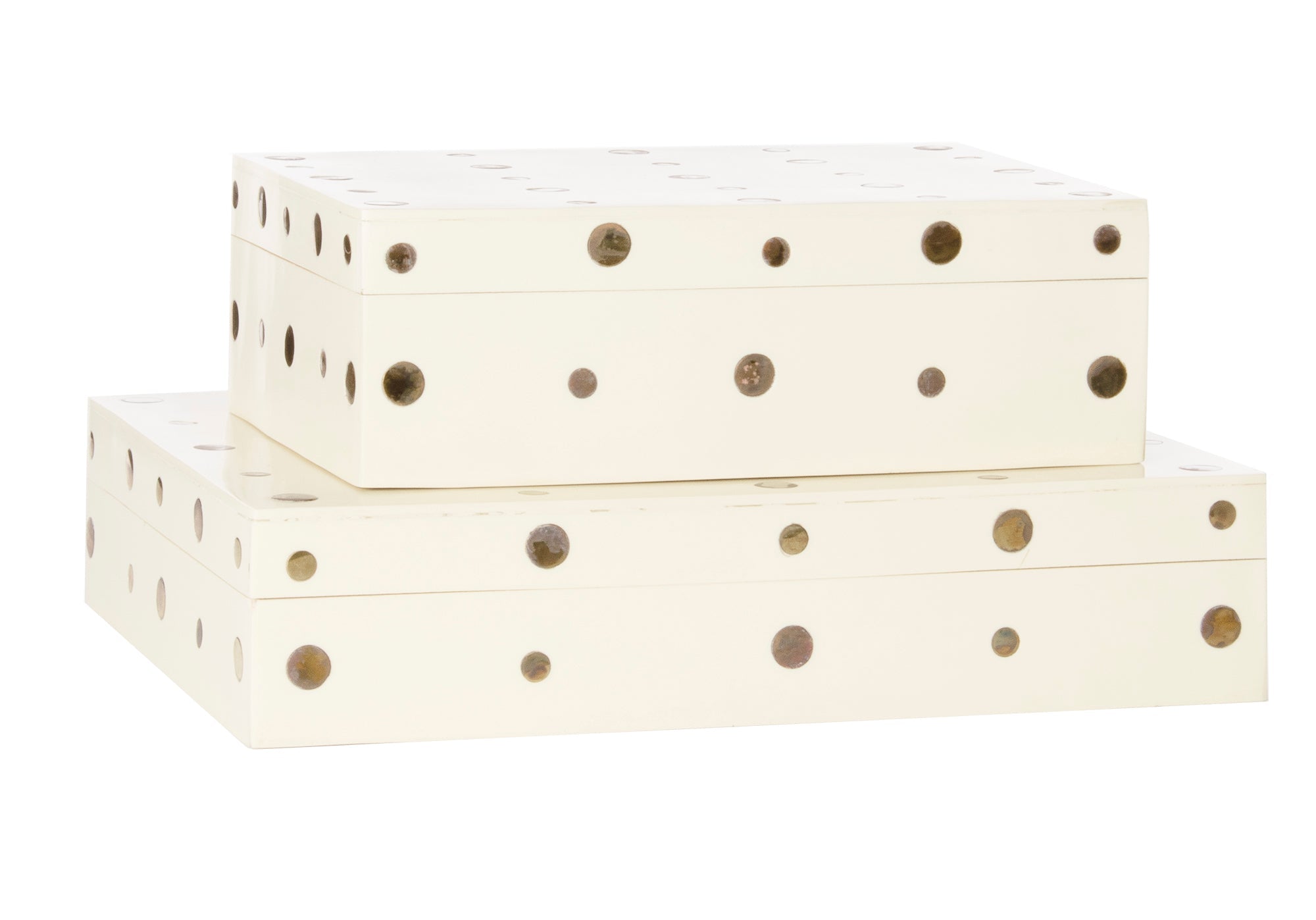 Boîte décorative beige à pois incrustés de laiton, avec forme de vide-poches polyvalent pour toute pièce