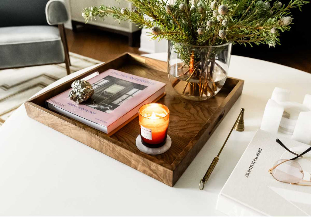 Plateau en bois de loupe avec grain naturel luxueux pour coiffeuse et chariot de bar