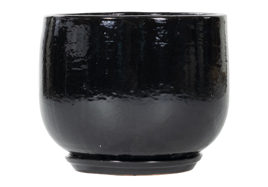 Jardinière en céramique noire émaillée, faite à la main avec détail côtelé pour l l'intérieur et l'extérieur