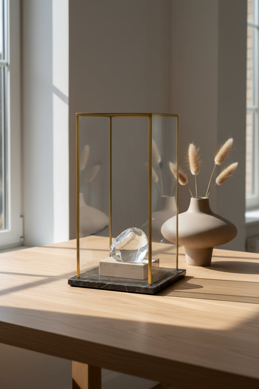 Boîte de présentation en laiton et verre avec base en marbre pour étagères et consoles