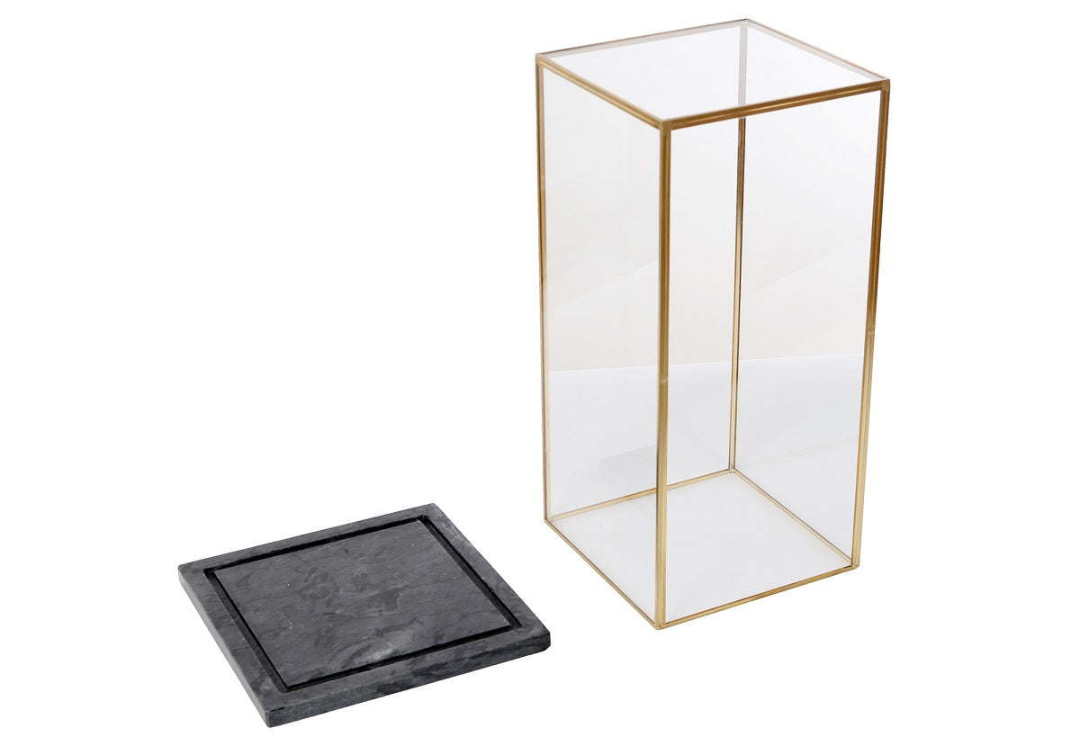 Boîte de présentation en laiton et verre avec base en marbre pour étagères et consoles