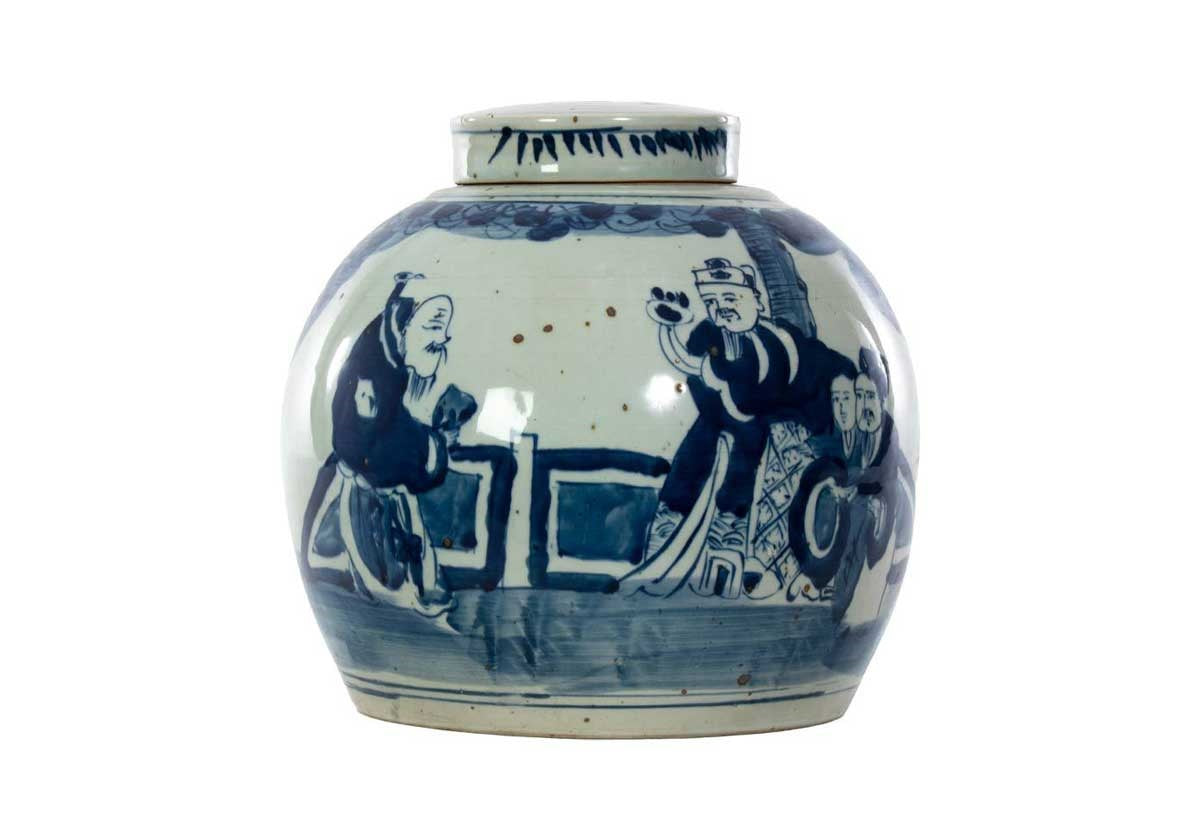 Vase temple en porcelaine bleue avec motif de figurines peintes à la main pour salon