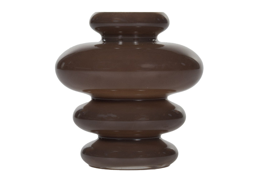Vase sculptural en verre teinté cacao avec texture à canaux horizontaux pour le salon