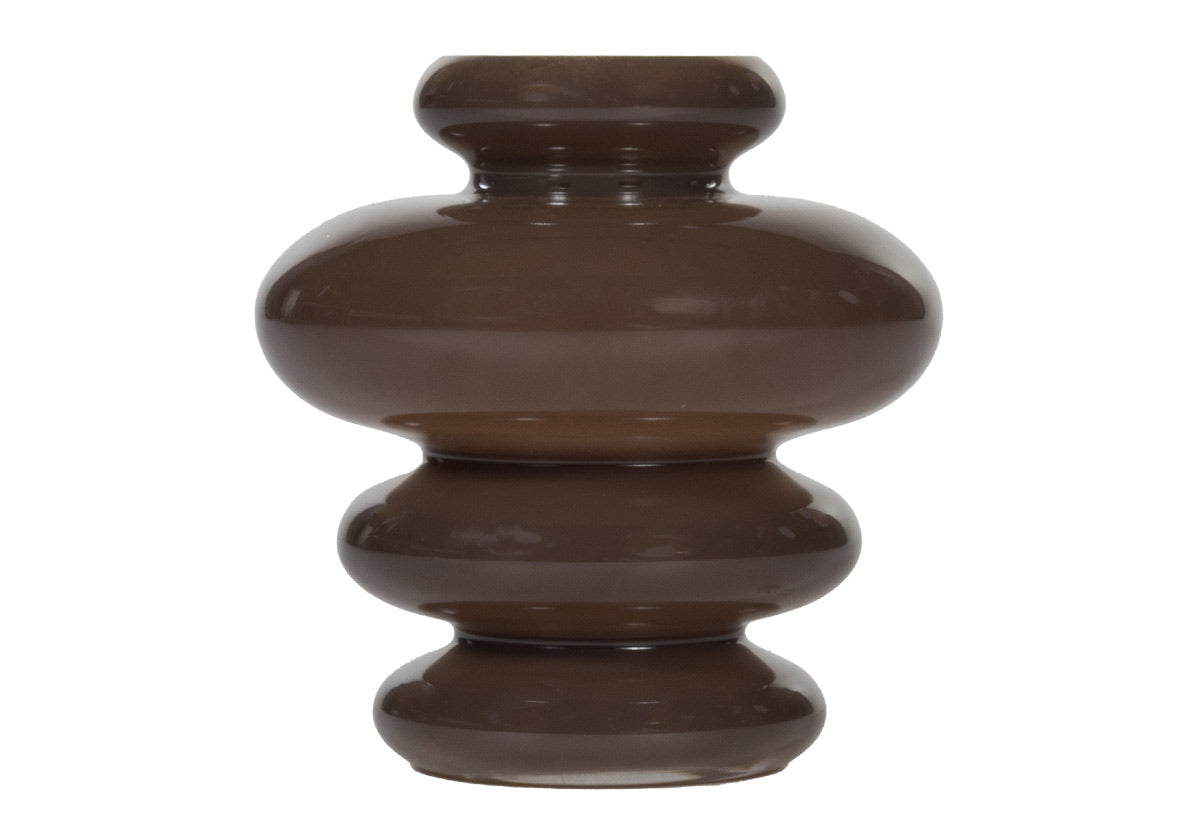 Vase sculptural en verre teinté cacao avec texture à canaux horizontaux pour le salon