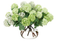Faux vase en verre transparent avec pleines fleurs de boule de neige blanches et vertes pour n'importe quelle pièce