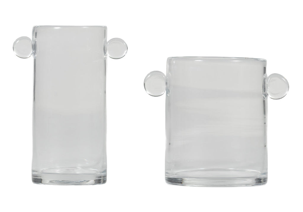 Vase sculptural artisanal en verre transparent avec poignées arrondies pour n'importe quelle pièce