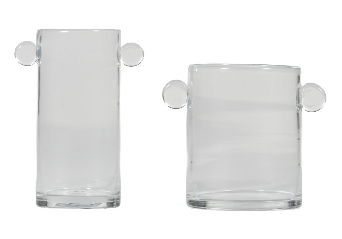 Vase sculptural artisanal en verre transparent avec poignées arrondies pour n'importe quelle pièce