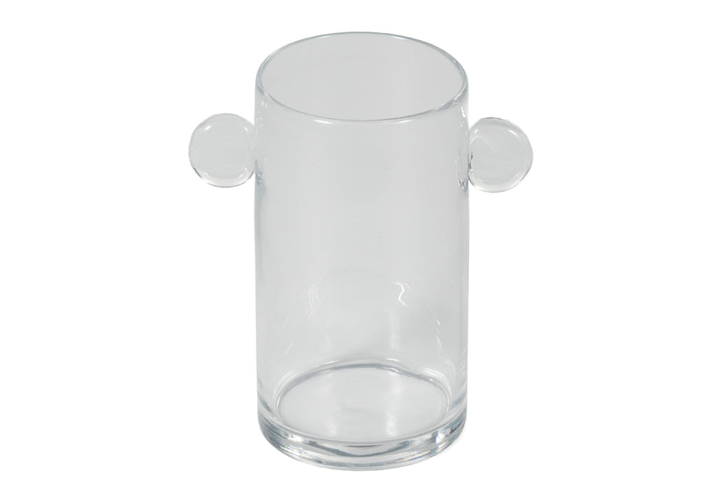Vase sculptural artisanal en verre transparent avec poignées arrondies pour n'importe quelle pièce