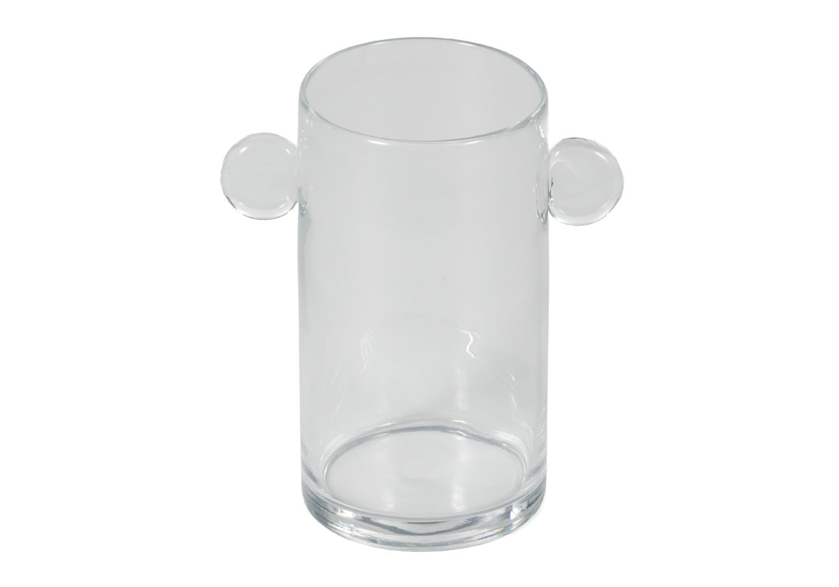 Vase sculptural artisanal en verre transparent avec poignées arrondies pour n'importe quelle pièce