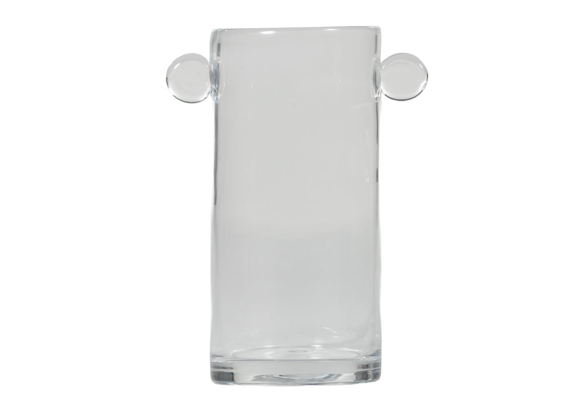 Vase sculptural artisanal en verre transparent avec poignées arrondies pour n'importe quelle pièce