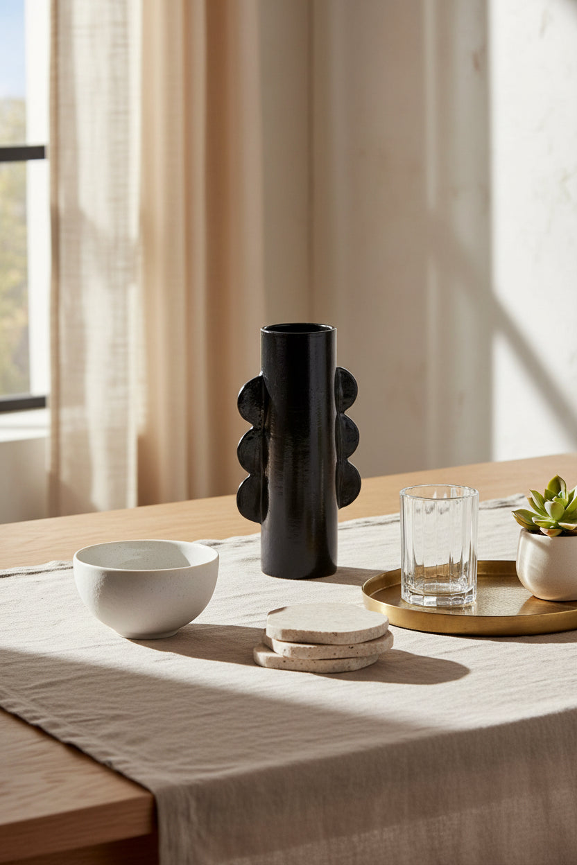 Vase en céramique terre cuite avec glaçure noire d'inspiration autochtone pour étagères