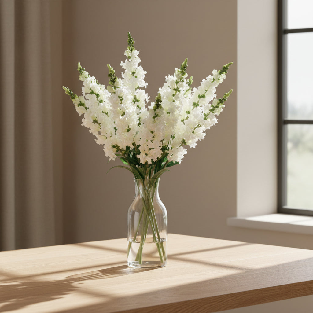 Vase en verre transparent avec fausses plantes et tiges de mufliers blancs pour le salon