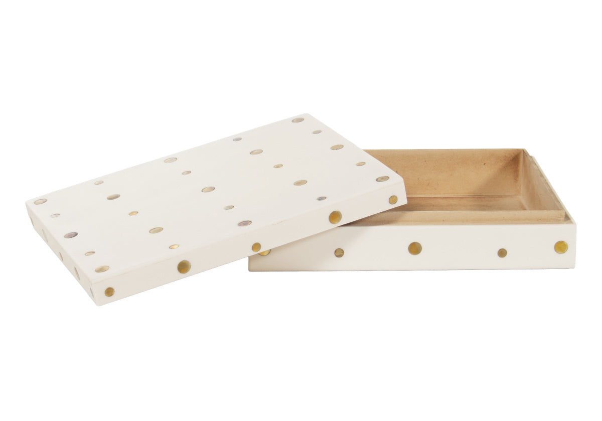 Boîte décorative beige à pois incrustés de laiton, avec forme de vide-poches polyvalent pour toute pièce
