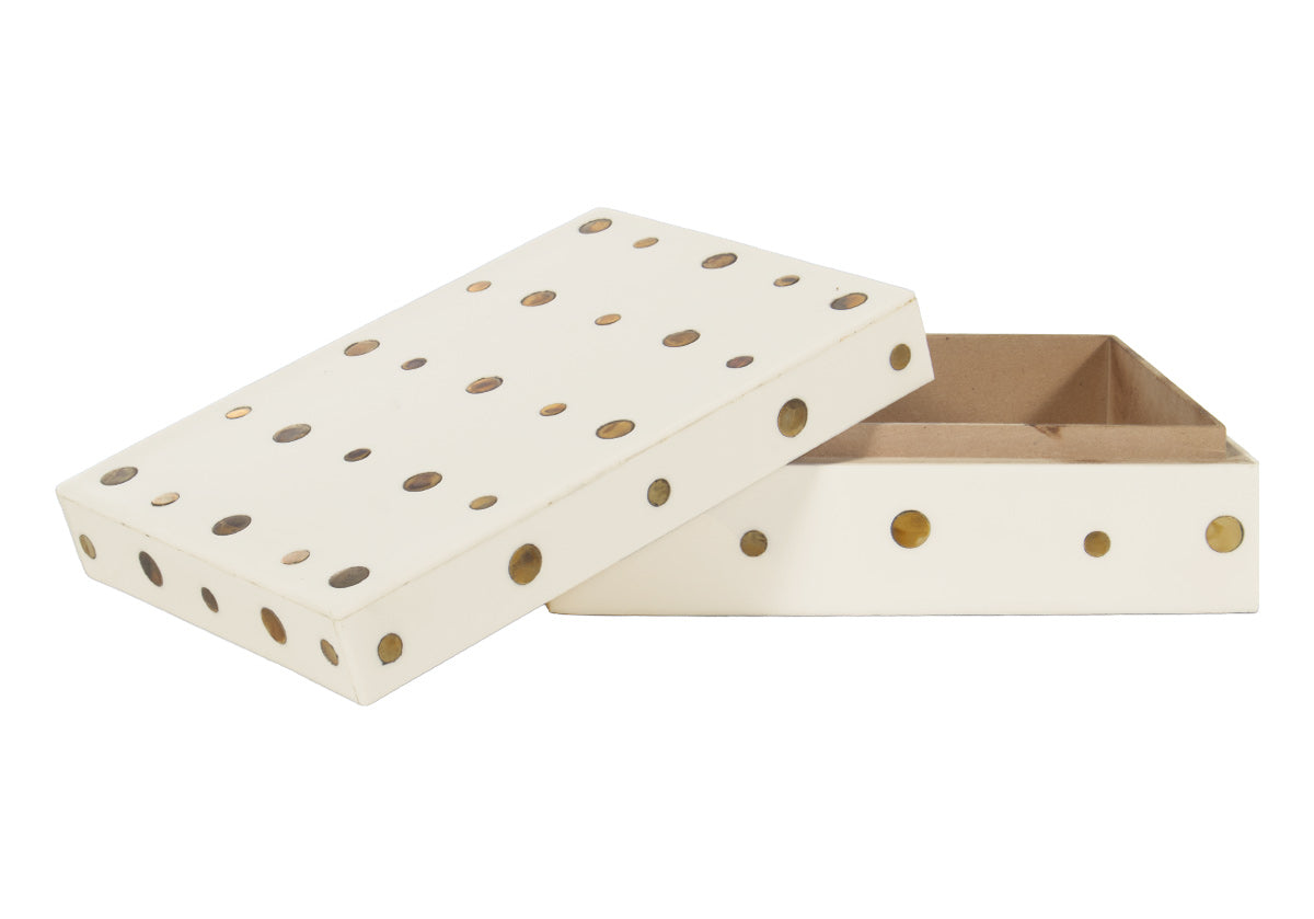 Boîte décorative beige à pois incrustés de laiton, avec forme de vide-poches polyvalent pour toute pièce